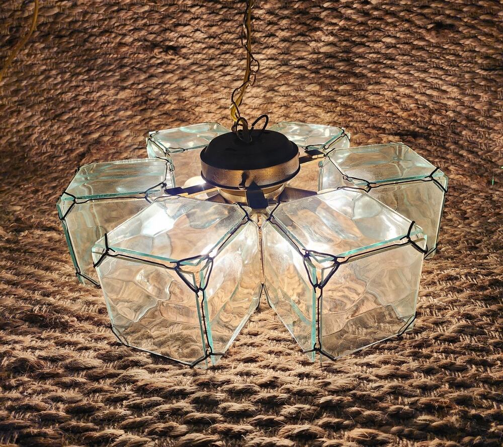 Vintage Brass Glass Panel Chandelier Lamp 15.5" Unique Home Decor